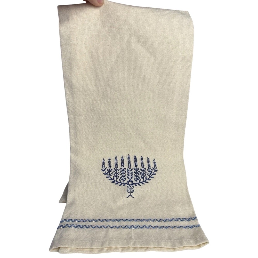 Hanukkah Chanukah Dish Towel Tea‎ Towel Cotton Embroidered Menorah Blue Ivory